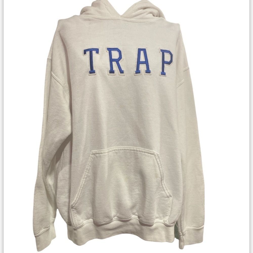 White Hoody “ TRAP” In Front & “ Get Busy Living “ Written in Back . size M.